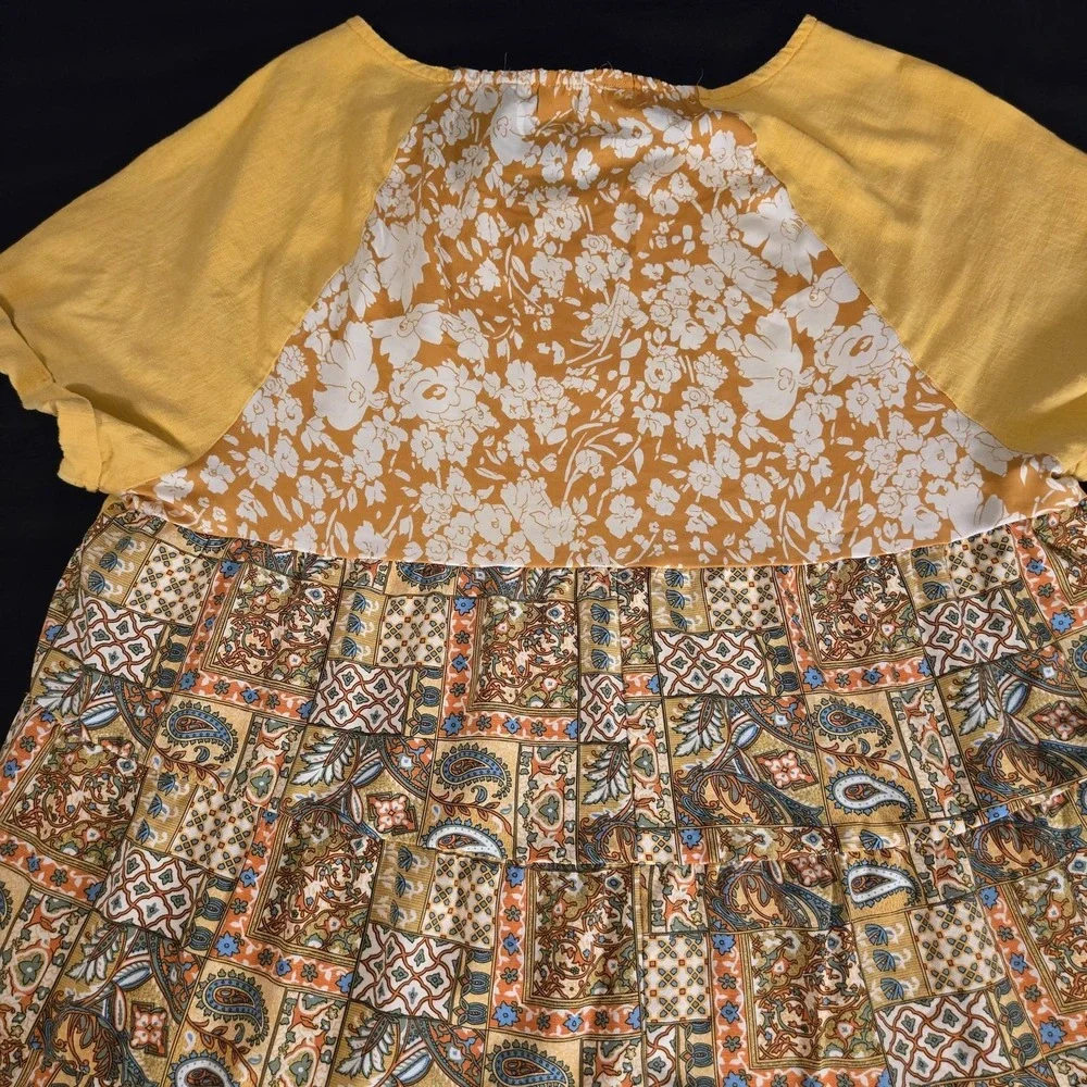 Umgee Dress Womens Large‎ Yellow Patchwork Boho Trapeze Short Sleeve Fringe Hem